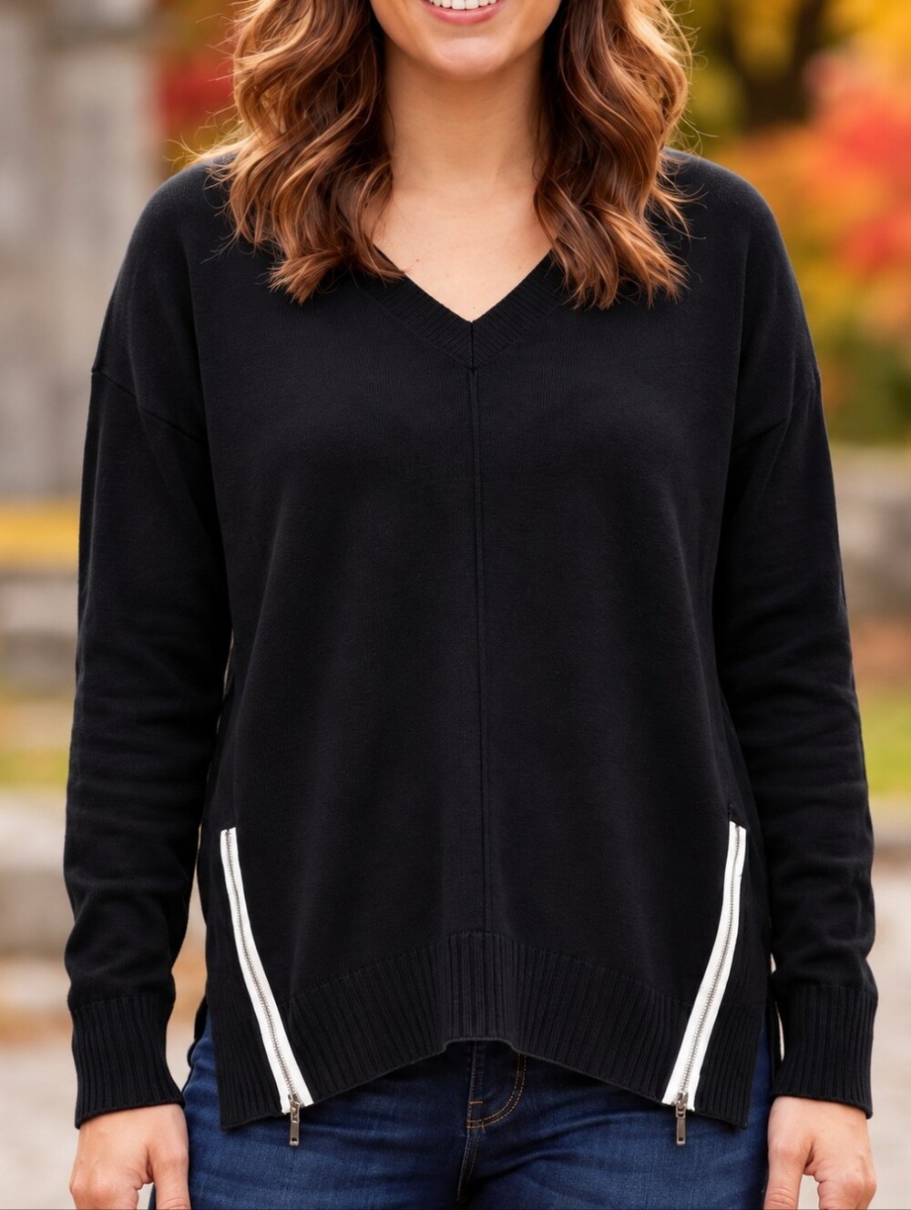 Tribal Black V-Neck Sweater Side Zip Detail | Fall Knit Size Medium